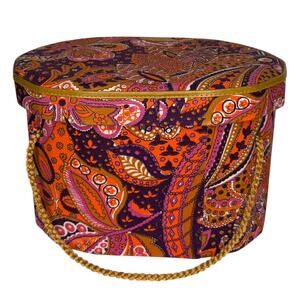 1960s Psychedelic Paisley Wig Case Hat Box Vanity Storage Mod Orange Pink